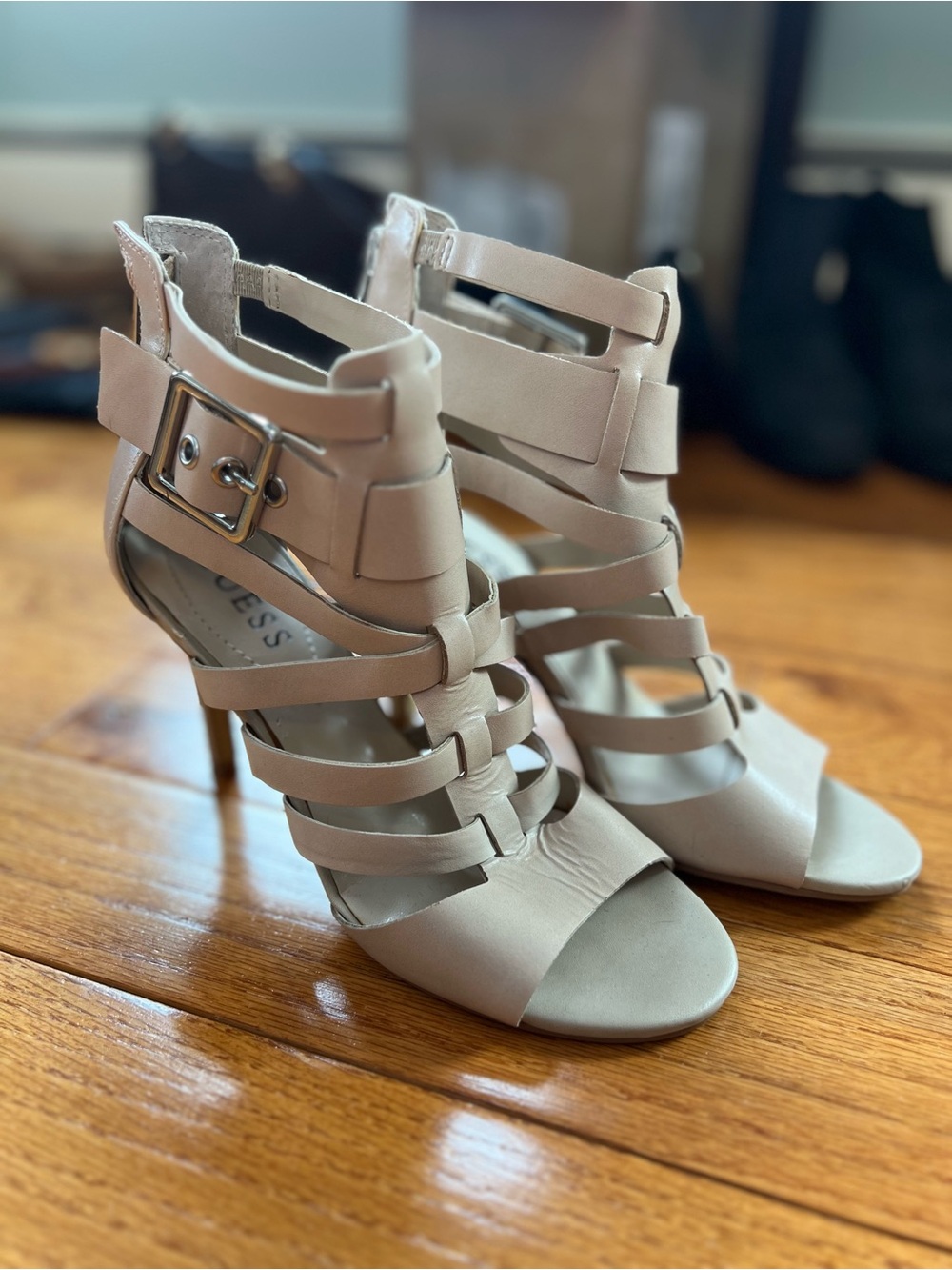 Guess Strappy Cage High Heel Sandals with Side Buckle Beige Tan Nude Size 6.5 M